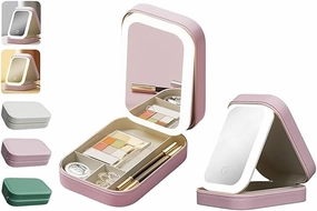 Portable LED Makeup Bag with Adjustable Light-Up Mirror - Three-Color Lighting | Dust-Proof Cosmetic Case with Multi-Compartment Storage and Jewelry Organizer (Pink)