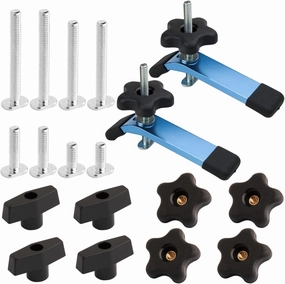 POWERTEC 72250 T-Track Hold Down Clamp, 5-1/2" L x 1-1/8" W, 2 Pack, and T Track Knob Kit w/Threaded Knobs and 5/16"-18 T Track Bolts, 16 Piece Set, T Track Accessories for Woodworking Jigs