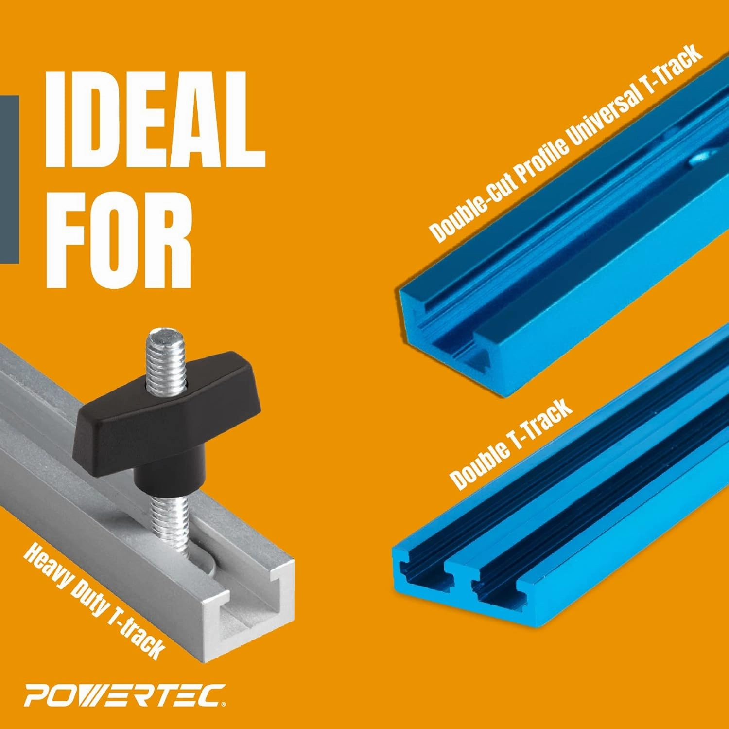 POWERTEC 72250 T-Track Hold Down Clamp, 5-1/2" L x 1-1/8" W, 2 Pack, and T Track Knob Kit w/Threaded Knobs and 5/16"-18 T Track Bolts, 16 Piece Set, T Track Accessories for Woodworking Jigs