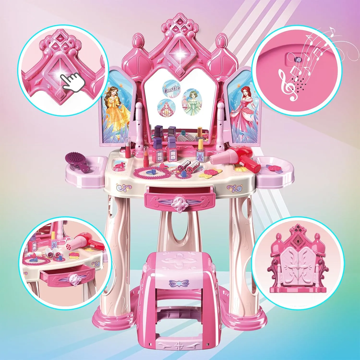 Pretend Play Girls Makeup Table Set with Stool，Open Doors by Gestures，Kids Vanity Set with Lights and Music，Toddler Beauty Salon Set with Makeup Accessories & Hair Dryer，Toy for Toddlers 2-5 Years Old