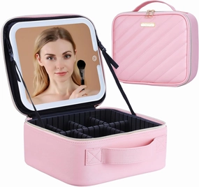 Pretty Comy Travel Makeup Bag with Led Mirror, Portable Makeup Train Case Led Makeup Bag with Mirror Makeup Organizer Bag Travel Organizer Bag Makeup Case Ideal Gifts for Mom Women