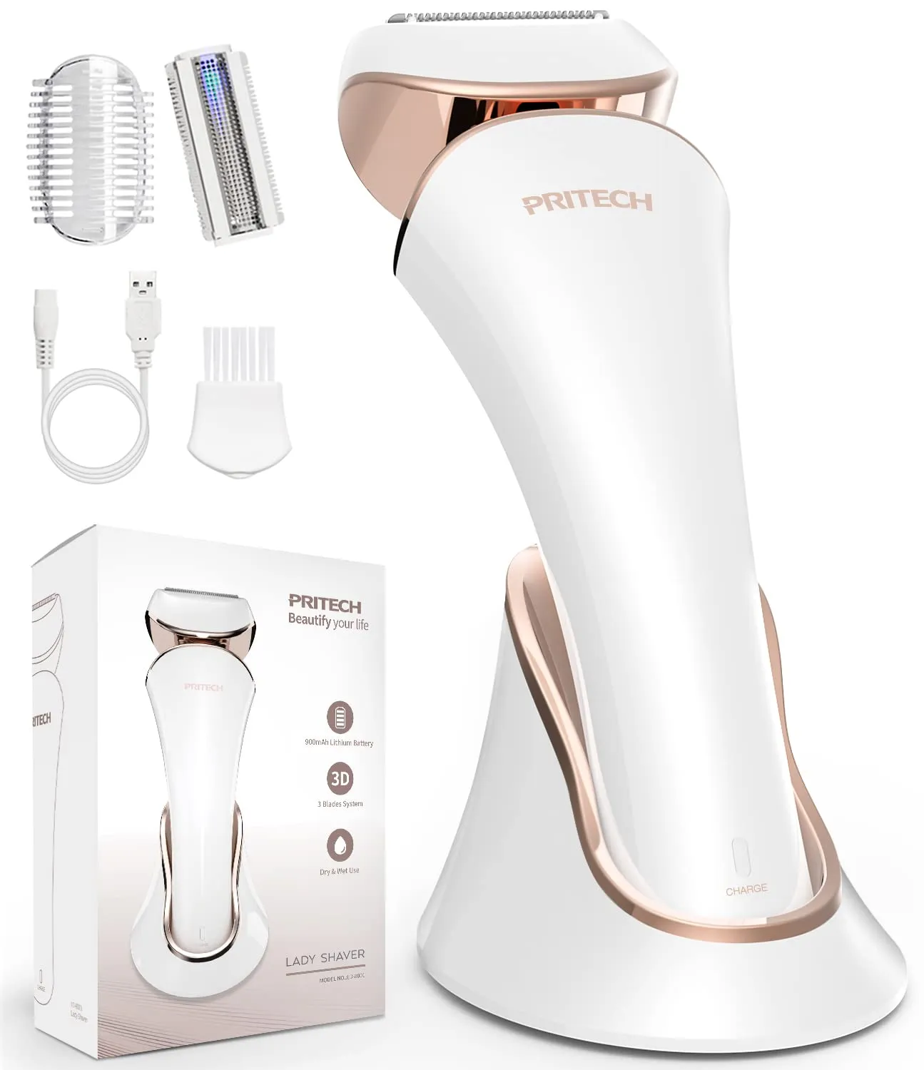 PRITECH Electric Shaver for Women - Cordless Lady Razor, USB Rechargeable, Wet & Dry Waterproof Razor for Legs, Arms, Underarms, Bikini