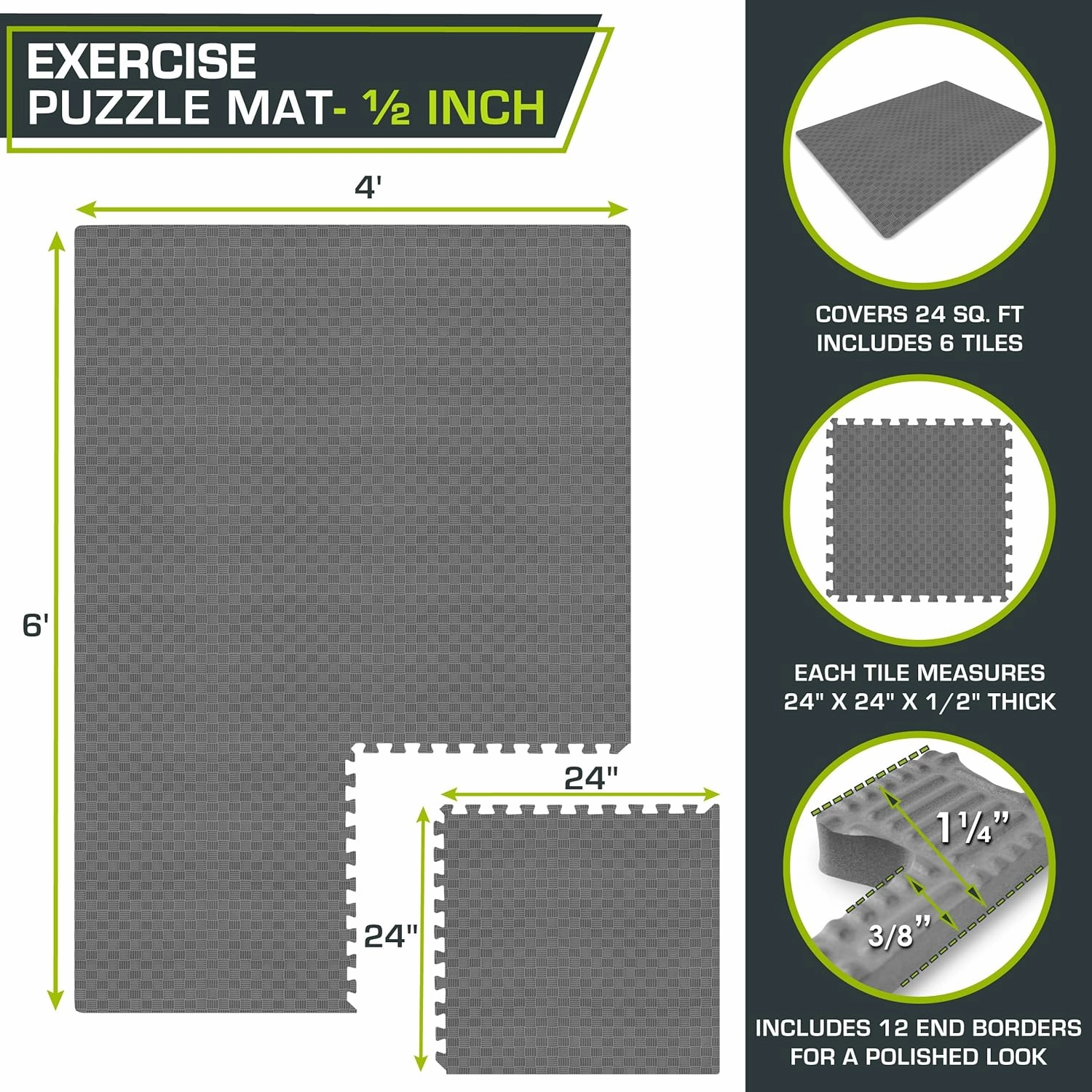 ProsourceFit Exercise Puzzle Mat 1-in, Checkered EVA Foam Floor Tiles w/ Non-Slip Texture, Gym Mat w/ Interlocking Foam Tiles for Adjustable Surface, Shock Absorbing, Waterproof Gym Flooring, Grey