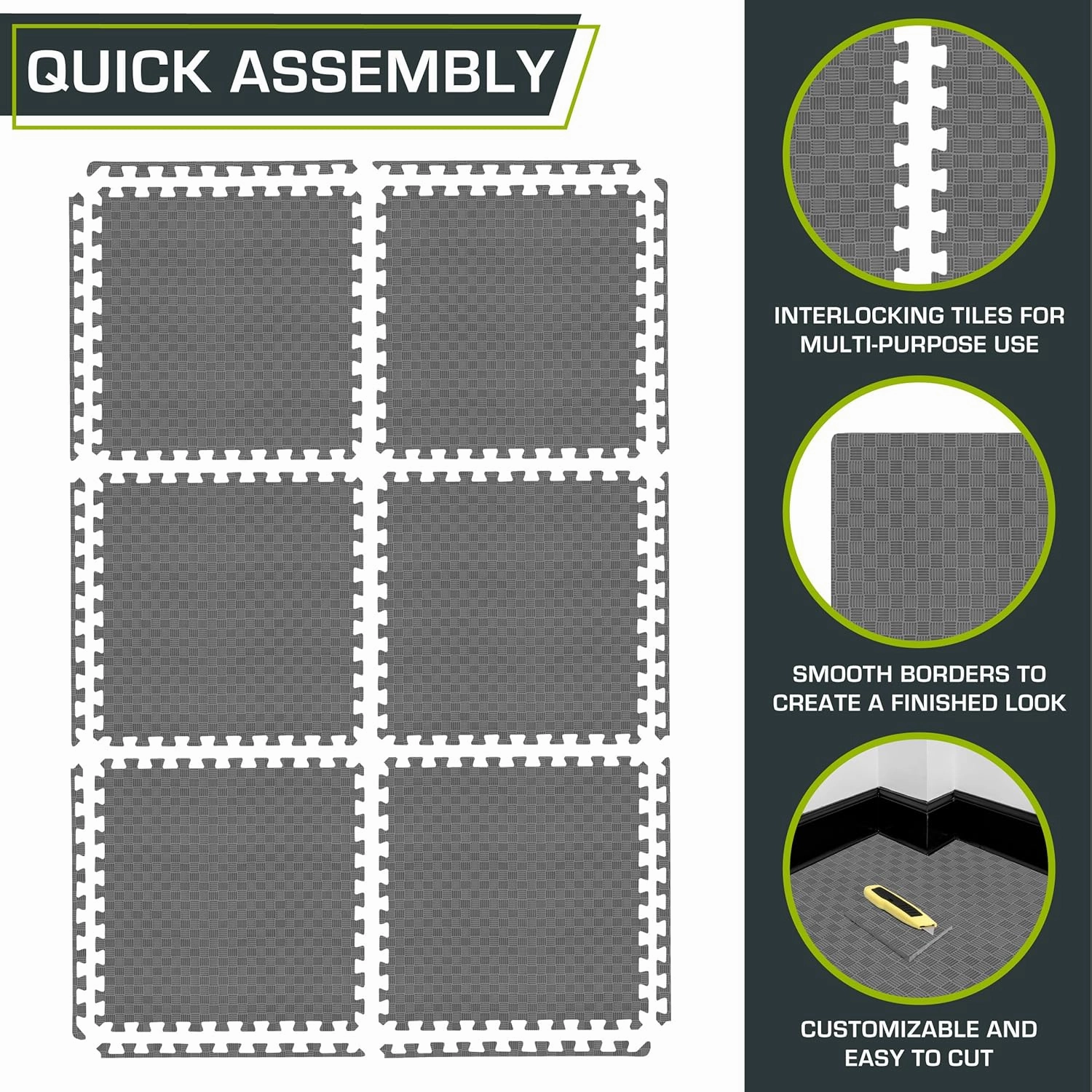 ProsourceFit Exercise Puzzle Mat 1-in, Checkered EVA Foam Floor Tiles w/ Non-Slip Texture, Gym Mat w/ Interlocking Foam Tiles for Adjustable Surface, Shock Absorbing, Waterproof Gym Flooring, Grey