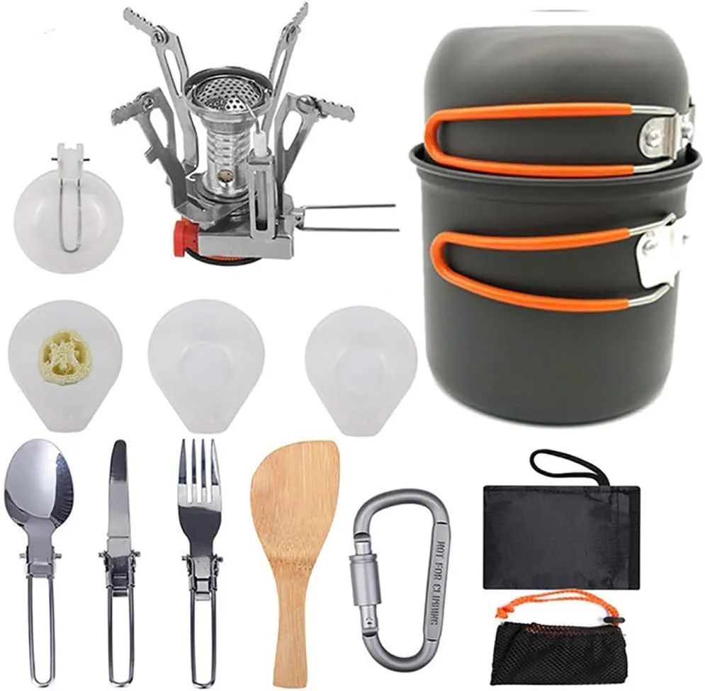 Protable Camping cookware Measuring kit for 2 People Light Outdoor Cooking Equipment with Stove Non Stick pan Pot with Utensils Bag for Hiking Picnic A Orange