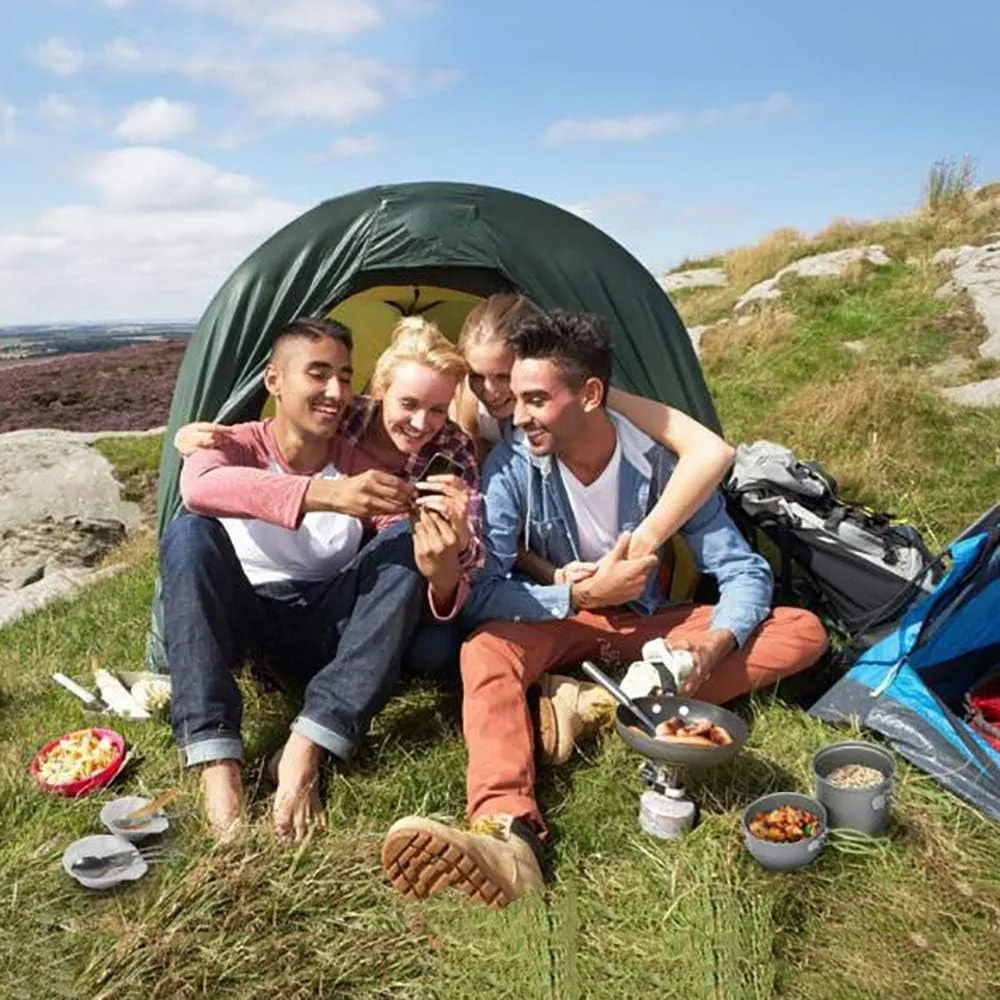 Protable Camping cookware Measuring kit for 2 People Light Outdoor Cooking Equipment with Stove Non Stick pan Pot with Utensils Bag for Hiking Picnic A Orange