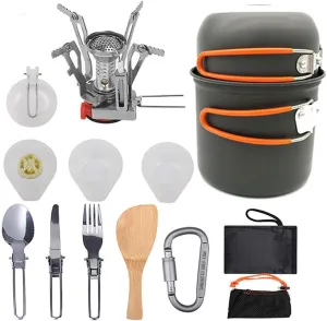 Protable Camping cookware Measuring kit for 2 People Light Outdoor Cooking Equipment with Stove Non Stick pan Pot with Utensils Bag for Hiking Picnic A Orange