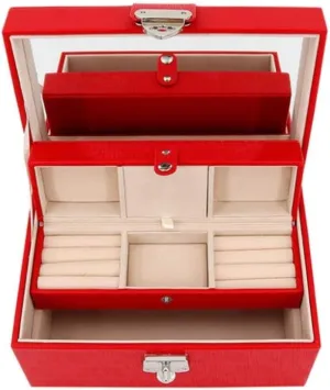 PU Leather Jewelry Box with Drawer, Elegant Ring & Watch Storage for Anniversary & Birthday Gifts, Red/Blue, 21.6x14.2x10.6cm