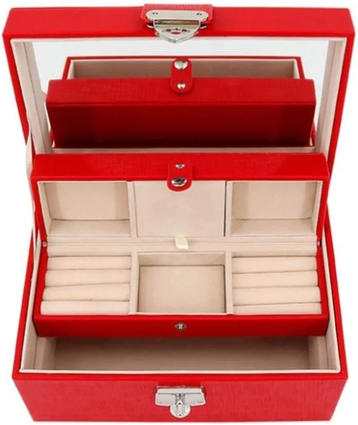 PU Leather Jewelry Box with Drawer, Elegant Ring & Watch Storage for Anniversary & Birthday Gifts, Red/Blue, 21.6x14.2x10.6cm