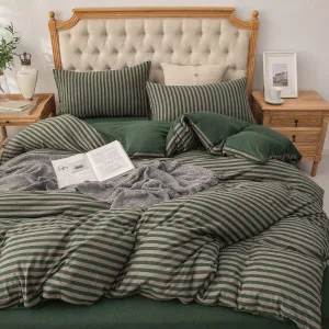 PURE ERA Forest Green Stripe Jersey Duvet Cover Set King Size 100% T-Shirt Heather Cotton Super Soft Comfy Classic Striped Design, with Zipper Closure