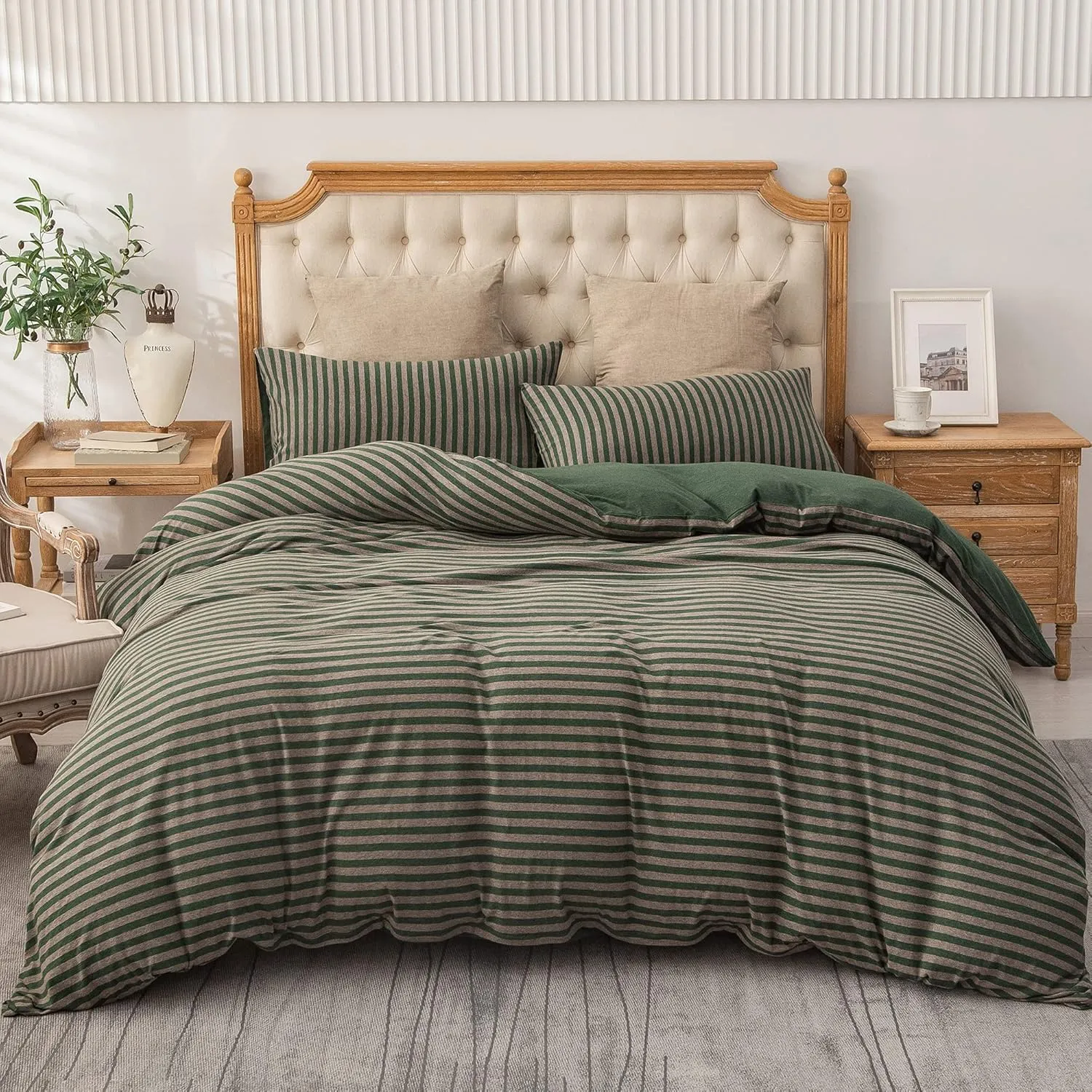 PURE ERA Forest Green Stripe Jersey Duvet Cover Set King Size 100% T-Shirt Heather Cotton Super Soft Comfy Classic Striped Design, with Zipper Closure