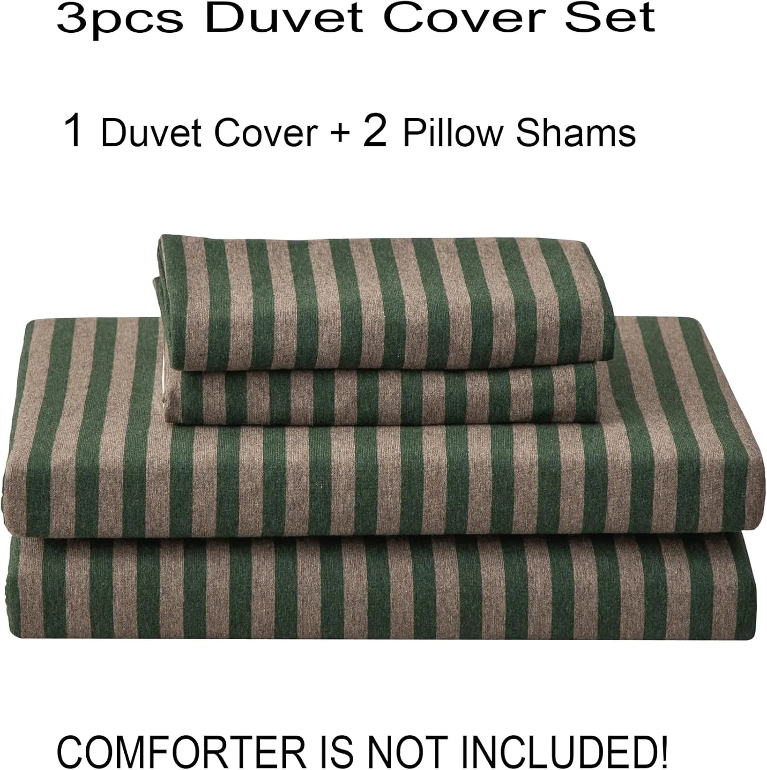 PURE ERA Forest Green Stripe Jersey Duvet Cover Set King Size 100% T-Shirt Heather Cotton Super Soft Comfy Classic Striped Design, with Zipper Closure