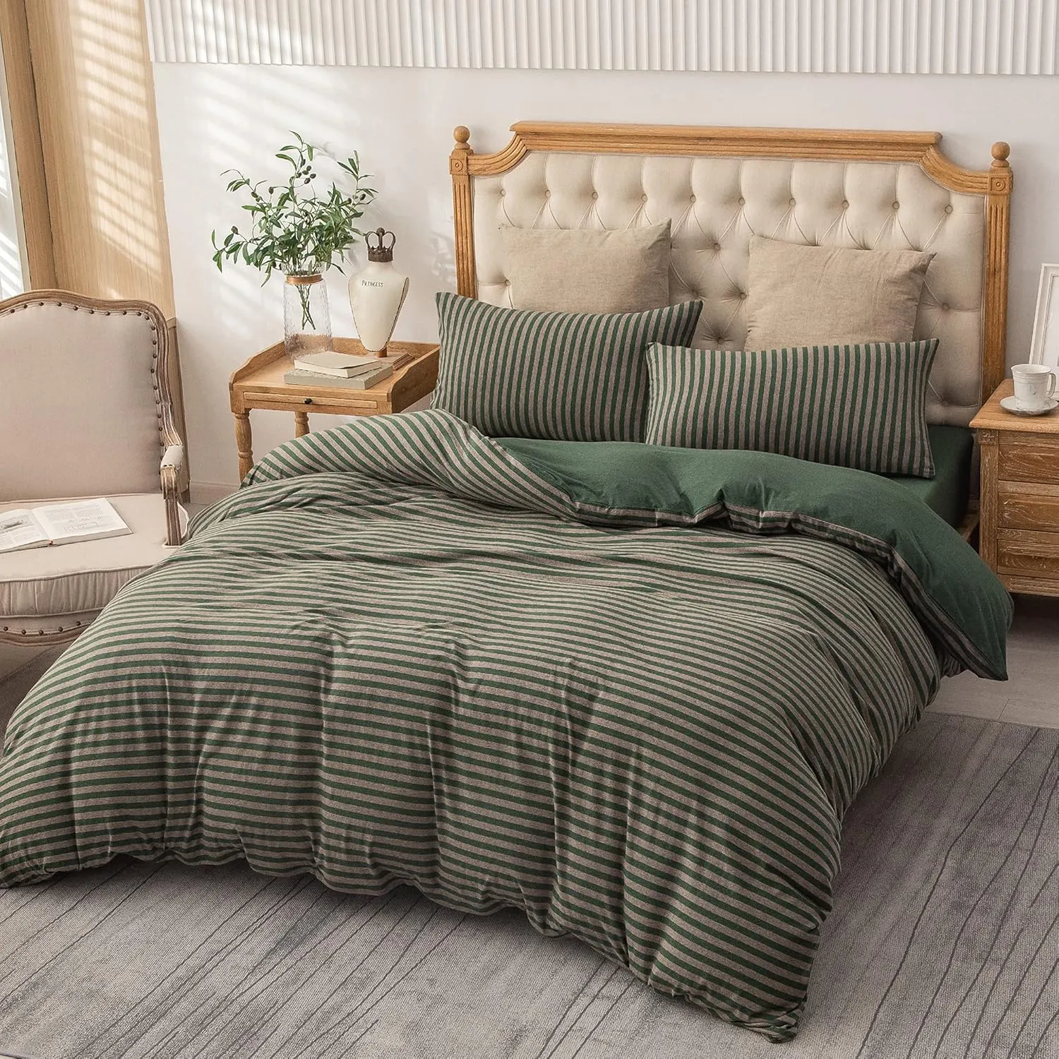PURE ERA Forest Green Stripe Jersey Duvet Cover Set King Size 100% T-Shirt Heather Cotton Super Soft Comfy Classic Striped Design, with Zipper Closure