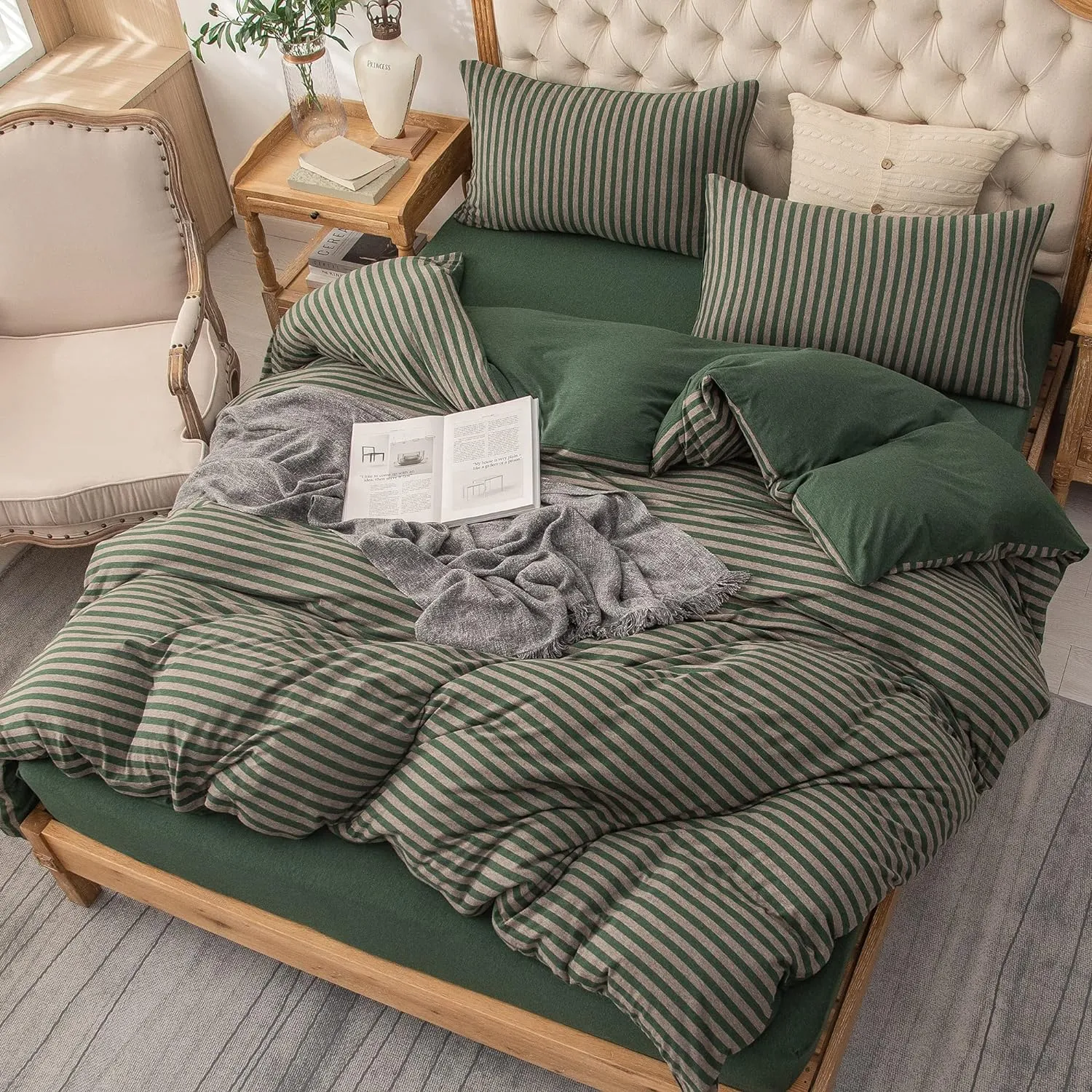PURE ERA Forest Green Stripe Jersey Duvet Cover Set King Size 100% T-Shirt Heather Cotton Super Soft Comfy Classic Striped Design, with Zipper Closure