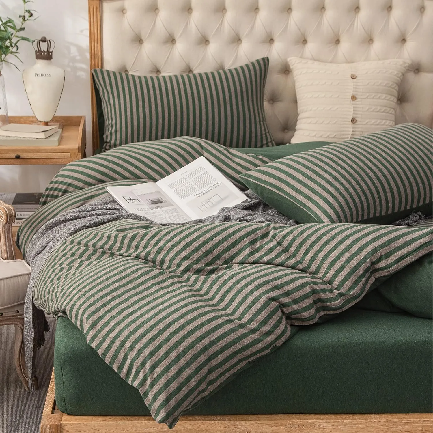 PURE ERA Forest Green Stripe Jersey Duvet Cover Set King Size 100% T-Shirt Heather Cotton Super Soft Comfy Classic Striped Design, with Zipper Closure