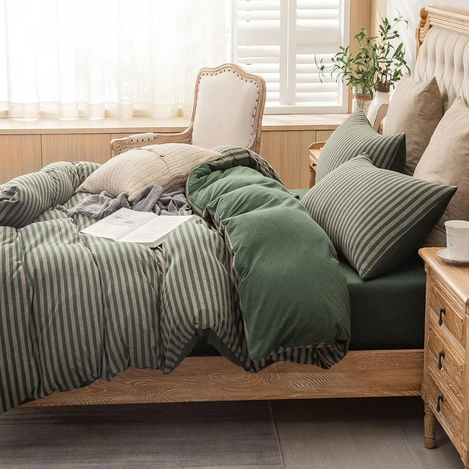 PURE ERA Forest Green Stripe Jersey Duvet Cover Set King Size 100% T-Shirt Heather Cotton Super Soft Comfy Classic Striped Design, with Zipper Closure