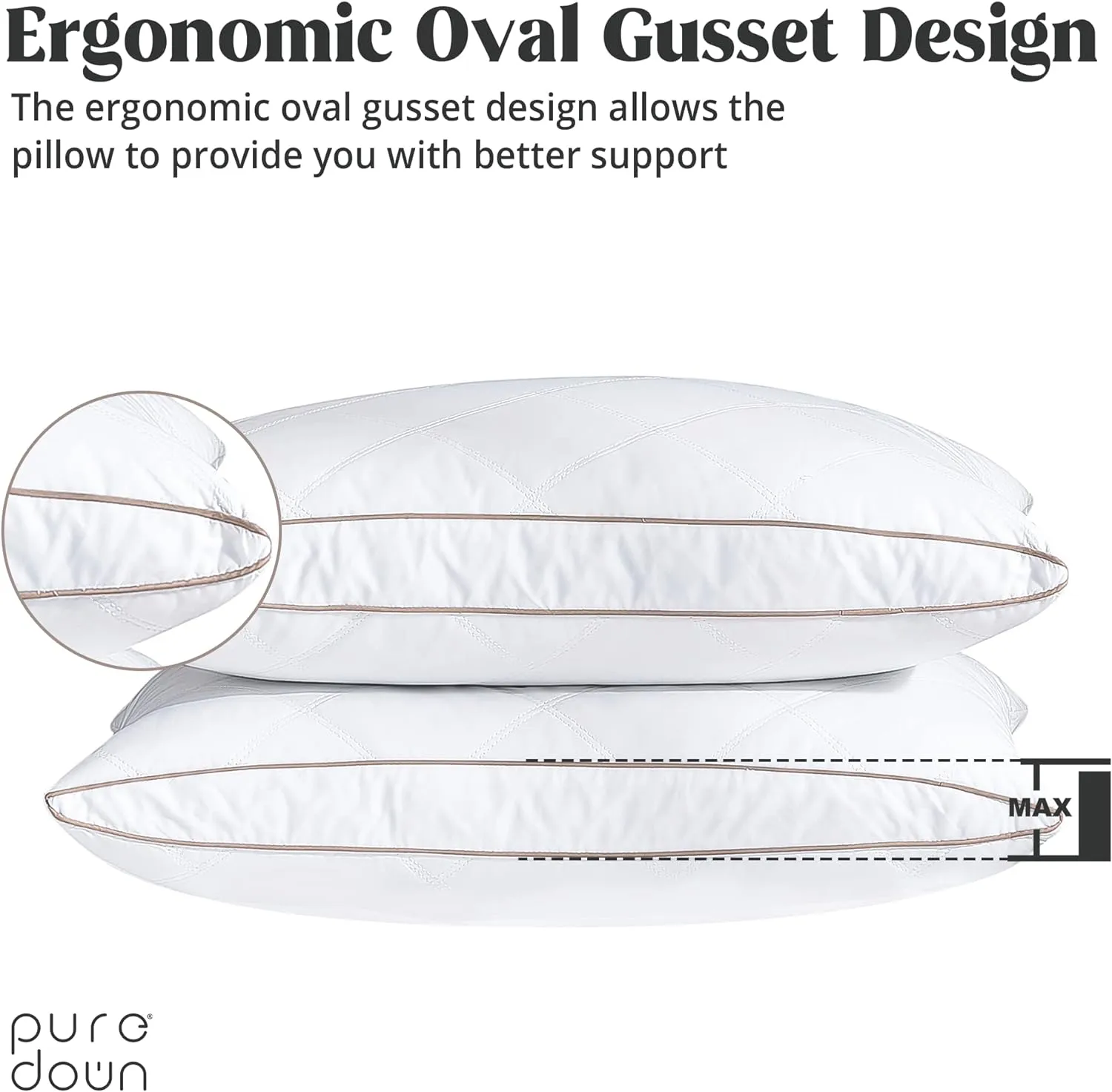 puredown® Natural Goose Down Feather Pillows for Sleeping Oval Gusseted Feather Down Pillow 100% Cotton Pillow Cover with Leaf Quilting King Set of 2