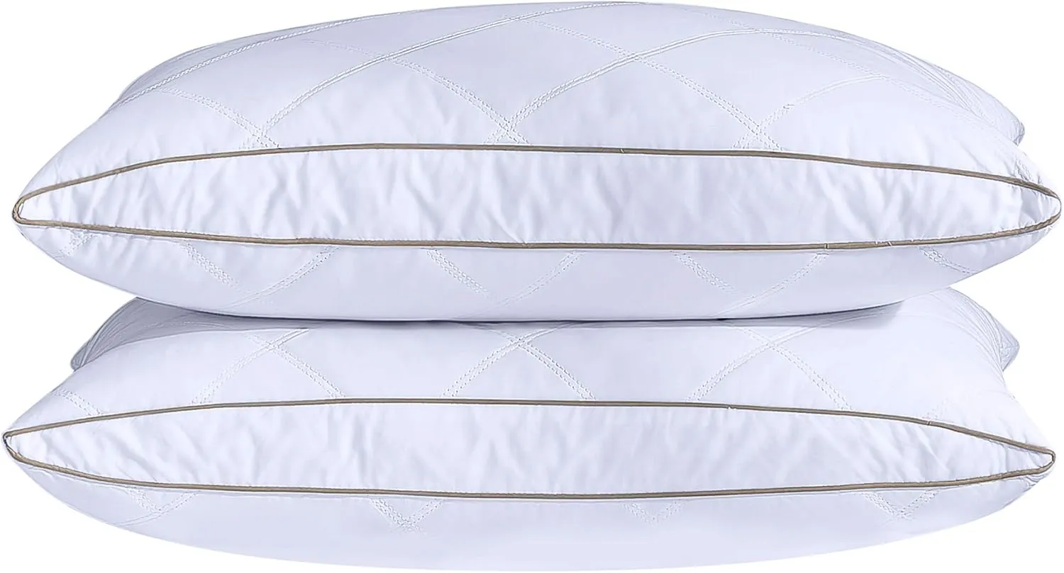 puredown® Natural Goose Down Feather Pillows for Sleeping Oval Gusseted Feather Down Pillow 100% Cotton Pillow Cover with Leaf Quilting King Set of 2