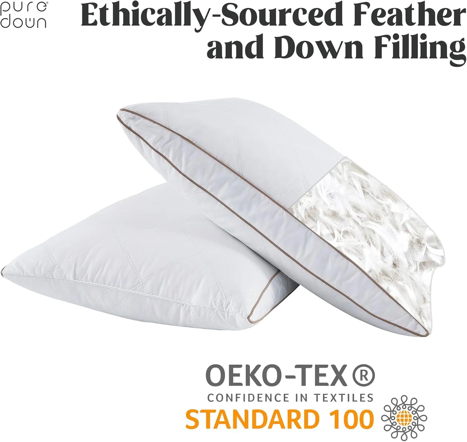 puredown® Natural Goose Down Feather Pillows for Sleeping Oval Gusseted Feather Down Pillow 100% Cotton Pillow Cover with Leaf Quilting King Set of 2