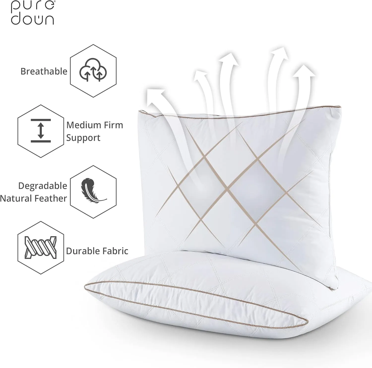 puredown® Natural Goose Down Feather Pillows for Sleeping Oval Gusseted Feather Down Pillow 100% Cotton Pillow Cover with Leaf Quilting King Set of 2