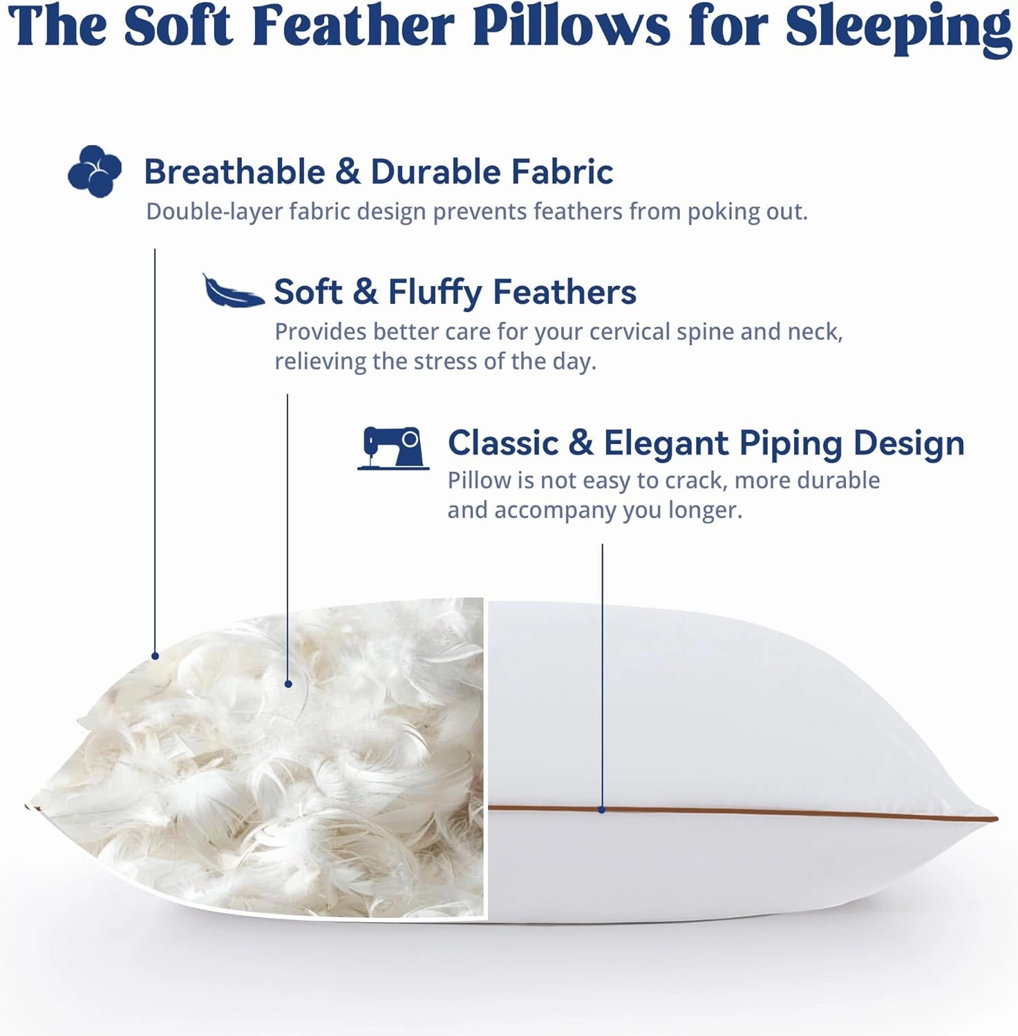 puredown® Goose Feather Down Pillows Queen Size Set of 2, Soft Fluffy Luxury Hotel Collection Pillow, 100% Cotton Cover, Medium Firm Bed Pillow for Back, Stomach or Side Sleeper.