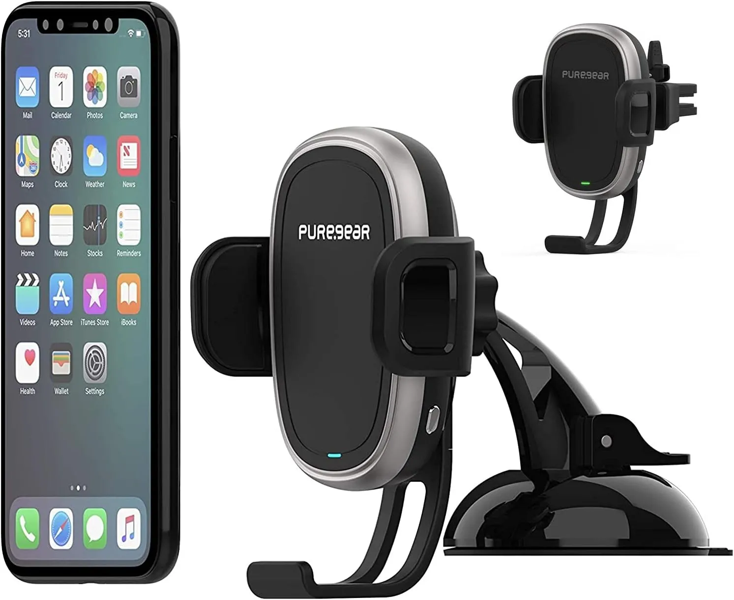 PureGear AutoGrip 7.5W/10W Qi-Certified Wireless Car Charger, Self-Gripping System, 3ft. USB-C Charging Cable, Air Vent Clip   Dash Mount, for Qi Enabled Phone - iPhone 13/12, Galaxy S21/20, & More
