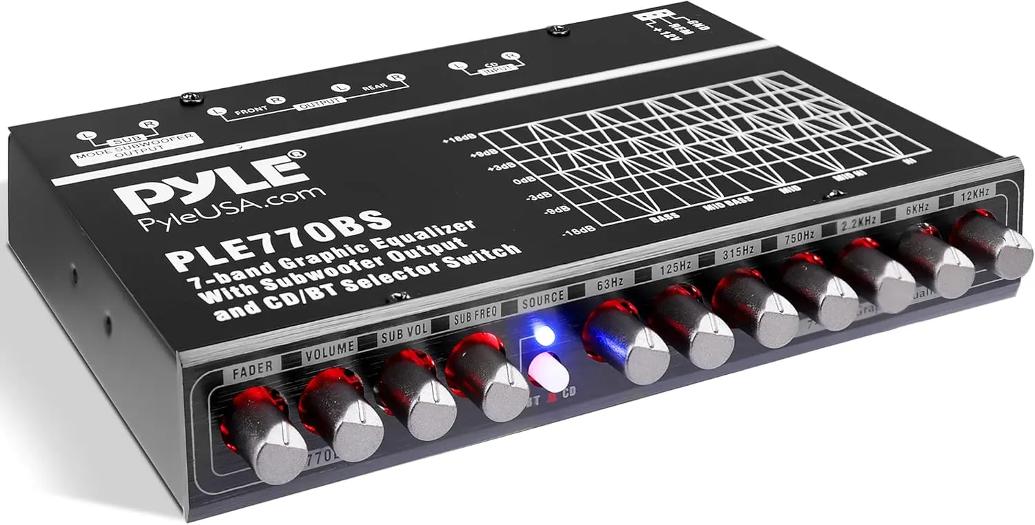 PyleUsa 7 Bands Graphic Equalizer with SUB Volume Adjustable for Subwoofer Channel, Built in Bluetooth for Wireless Music Streaming, Stereo RCA Output, Aux RCA Input, Mounting Hardware Included