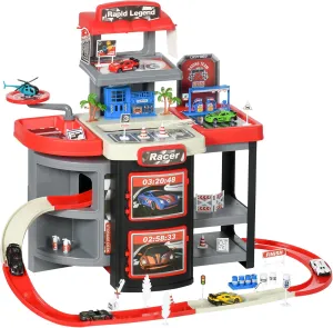 Qaba City Garage Playset with 65 Accessories, 2 in 1 Design Children Trolley, Car Ramp Toy Set with 6 Mini Racer Cars, Gifts for Kids Ages 3-6 Years Old