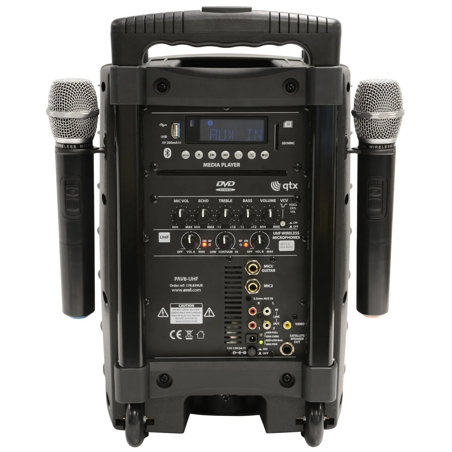 QTX PAV8 portable PA set   2 UHF mics, CD/DVD, USB/SD & Bluetooth