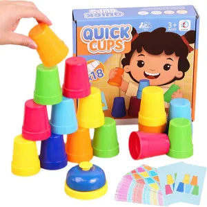 Quick Stacking Cups Set - Engaging Educational Speed Training Cup Stacking Set for Kids Games, Parent-Child Interactive Toys with 54 Cards & 1 Bell