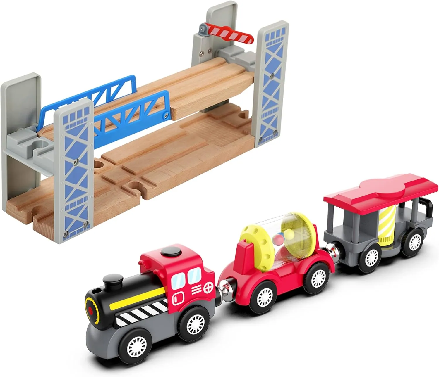 Railway Train Bridge Accessories and Battery Operated Powered Train for Wooden Track Set