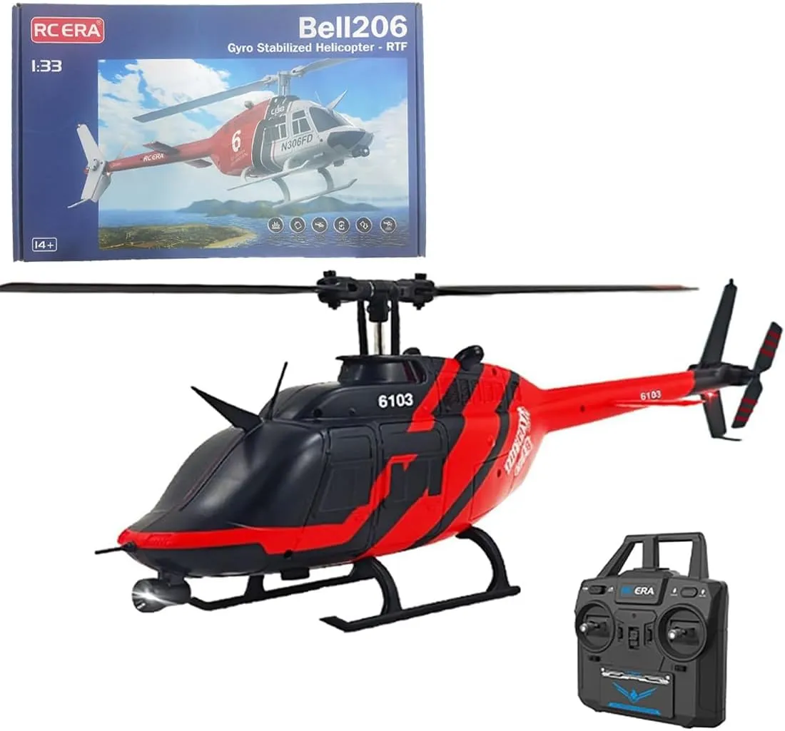RC ERA C138 1/30 Scale 206 Bell RC Helicopter for Adults, 2.4G 6CH No Aileron Helicopter with Altitude Hold and Optical Flow Positioning, 2 Battery (RTF Version/Red&Black) ﻿