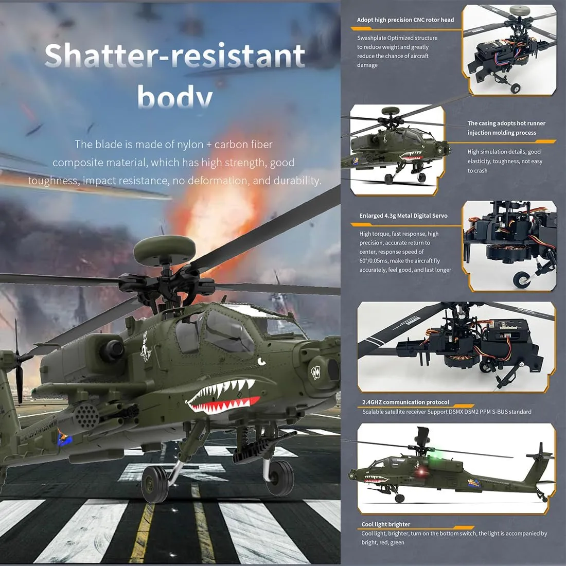 RC Helicopter Toys for Adults, YU Xiang F11 AH64 for AH64 Apache with 6-axis Gyro & Dual Brushless Motor, 2.4G 6CH 1/32 Scale 6G/3D Remote Control Military Helicopter Airplane - BNF
