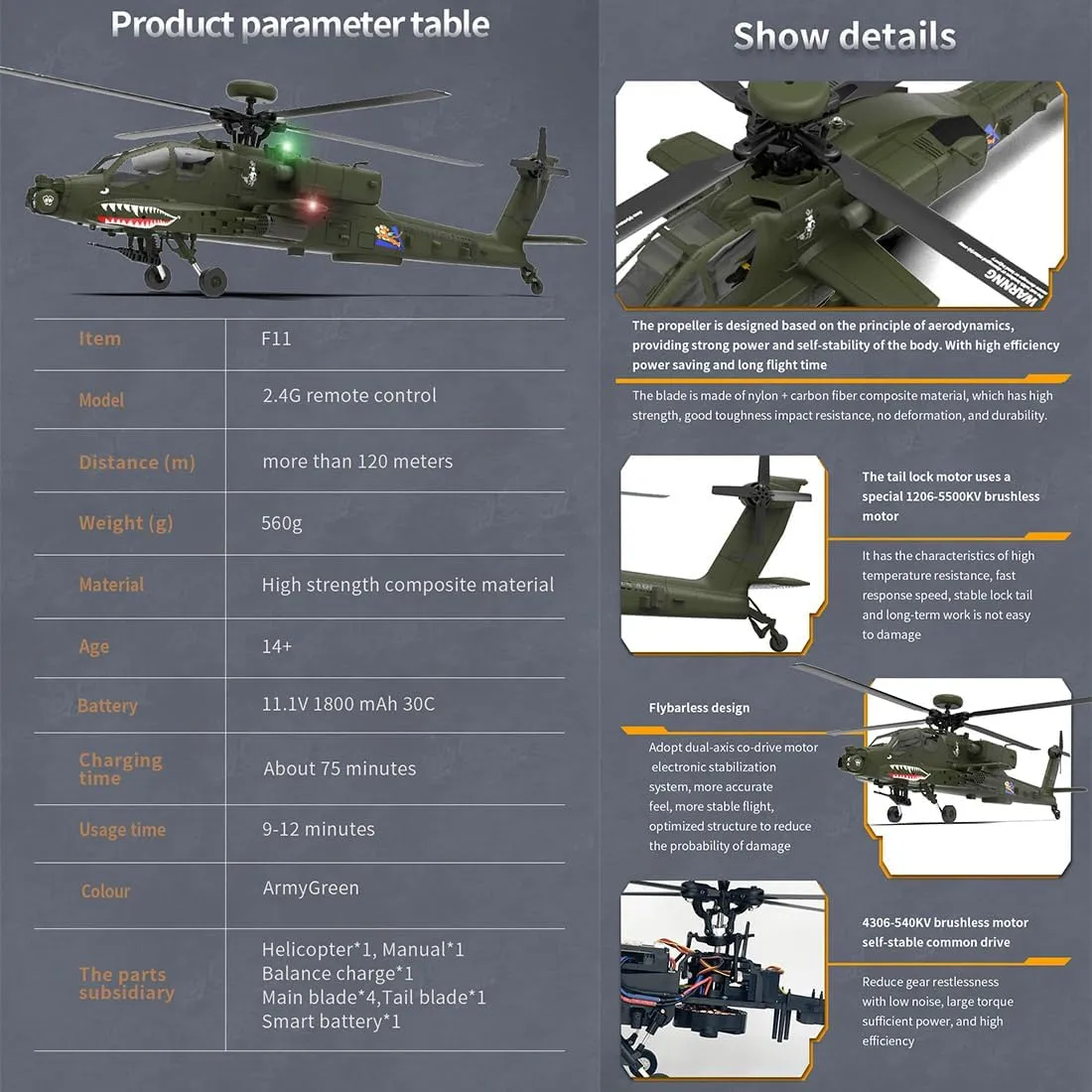 RC Helicopter Toys for Adults, YU Xiang F11 AH64 for AH64 Apache with 6-axis Gyro & Dual Brushless Motor, 2.4G 6CH 1/32 Scale 6G/3D Remote Control Military Helicopter Airplane - BNF