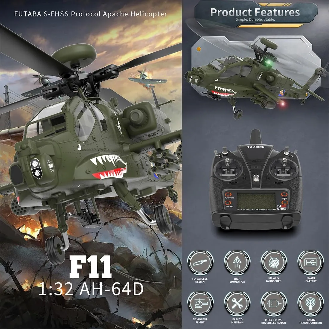 RC Helicopter Toys for Adults, YU Xiang F11 AH64 for AH64 Apache with 6-axis Gyro & Dual Brushless Motor, 2.4G 6CH 1/32 Scale 6G/3D Remote Control Military Helicopter Airplane - BNF