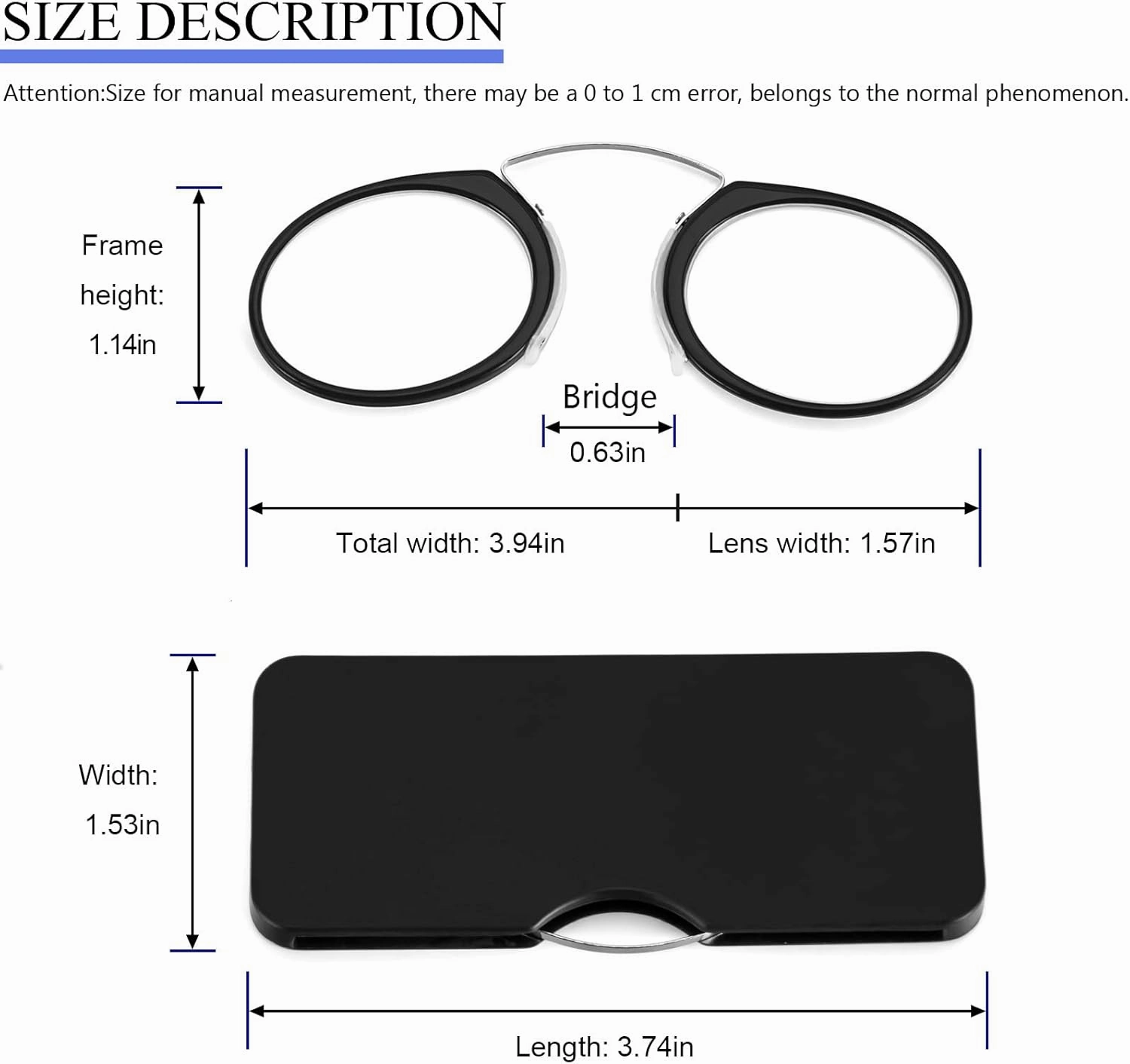REAVEE 2 Pack Pinch Nose Clip on Reading Glasses Armless for Men Women, No Temple Slim Compact Readers Ultra Thin with Mini Portable Case, Black  1.0