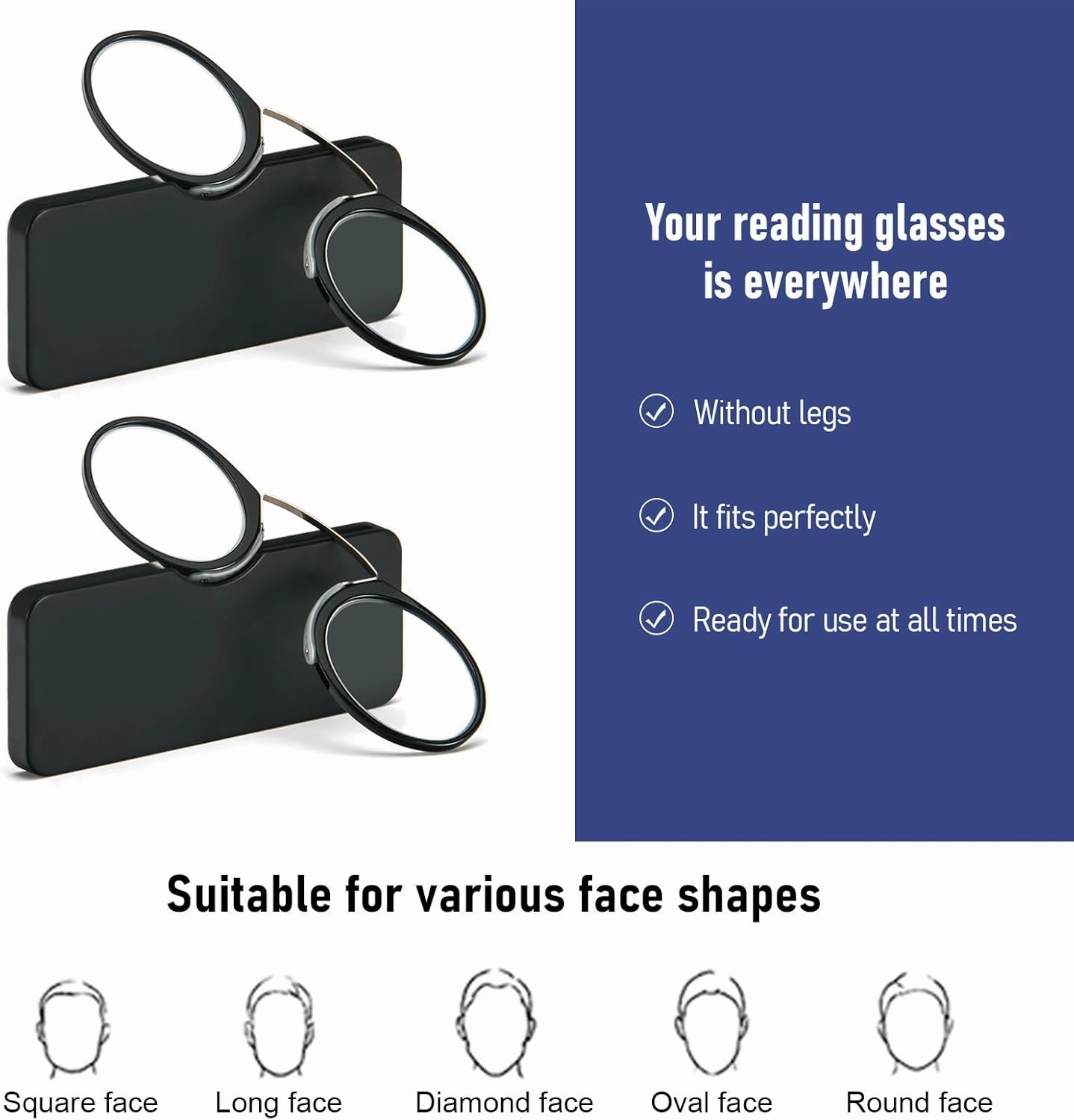 REAVEE 2 Pack Pinch Nose Clip on Reading Glasses Armless for Men Women, No Temple Slim Compact Readers Ultra Thin with Mini Portable Case, Black  1.0
