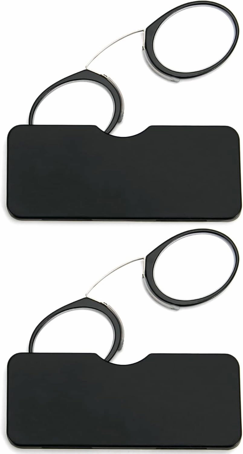 REAVEE 2 Pack Pinch Nose Clip on Reading Glasses Armless for Men Women, No Temple Slim Compact Readers Ultra Thin with Mini Portable Case, Black  1.0