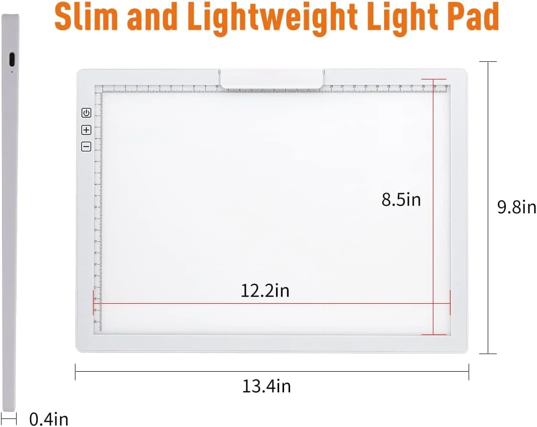 Rechargeable A4 LED Light Pad with Padded Case, YINGWOND Tracing Light Box w/Riser Stands and Paper Clip, 6 Levels of Brightness, Type-c Cable, Wireless Diamond Painting Light Board White
