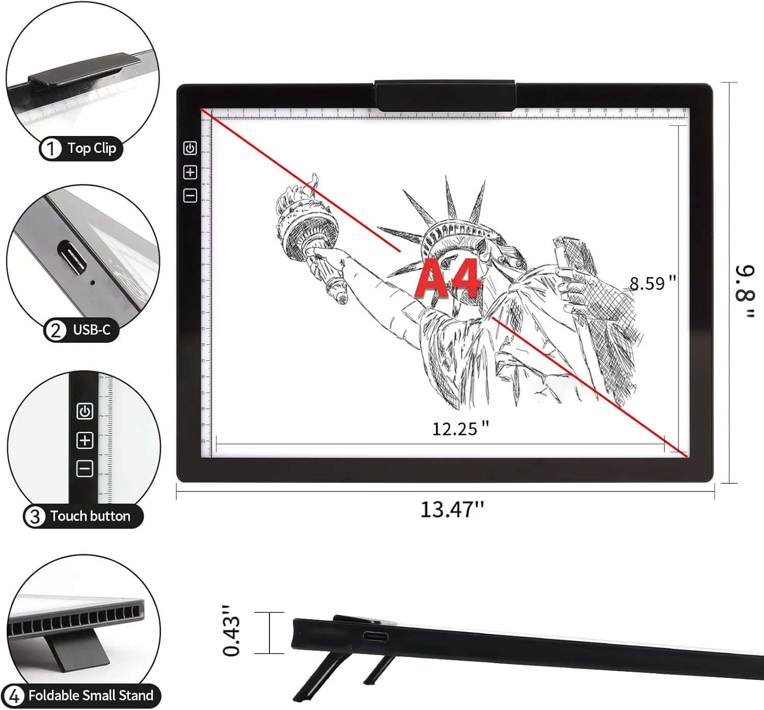 Rechargeable A4 Light Pad - Stepless Dimmable 6 Levels Brightness Tracing Light Box, Diamond Painting Light Board with Top Clip, Battery Powered Portable Light Pad for Weeding Vinyl Tracing