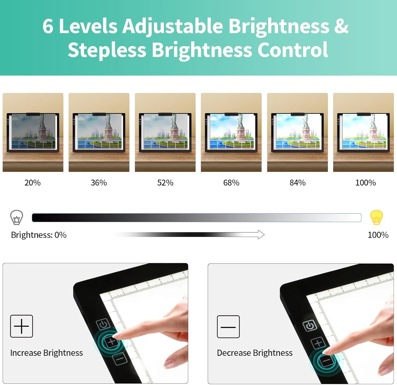 Rechargeable A4 Light Pad - Stepless Dimmable 6 Levels Brightness Tracing Light Box, Diamond Painting Light Board with Top Clip, Battery Powered Portable Light Pad for Weeding Vinyl Tracing