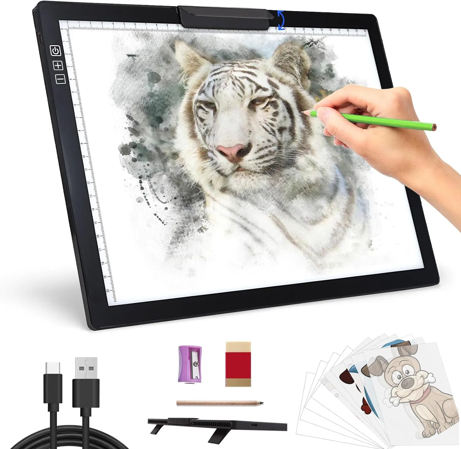 Rechargeable A4 Light Pad - Stepless Dimmable 6 Levels Brightness Tracing Light Box, Diamond Painting Light Board with Top Clip, Battery Powered Portable Light Pad for Weeding Vinyl Tracing