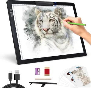 Rechargeable A4 Light Pad - Stepless Dimmable 6 Levels Brightness Tracing Light Box, Diamond Painting Light Board with Top Clip, Battery Powered Portable Light Pad for Weeding Vinyl Tracing