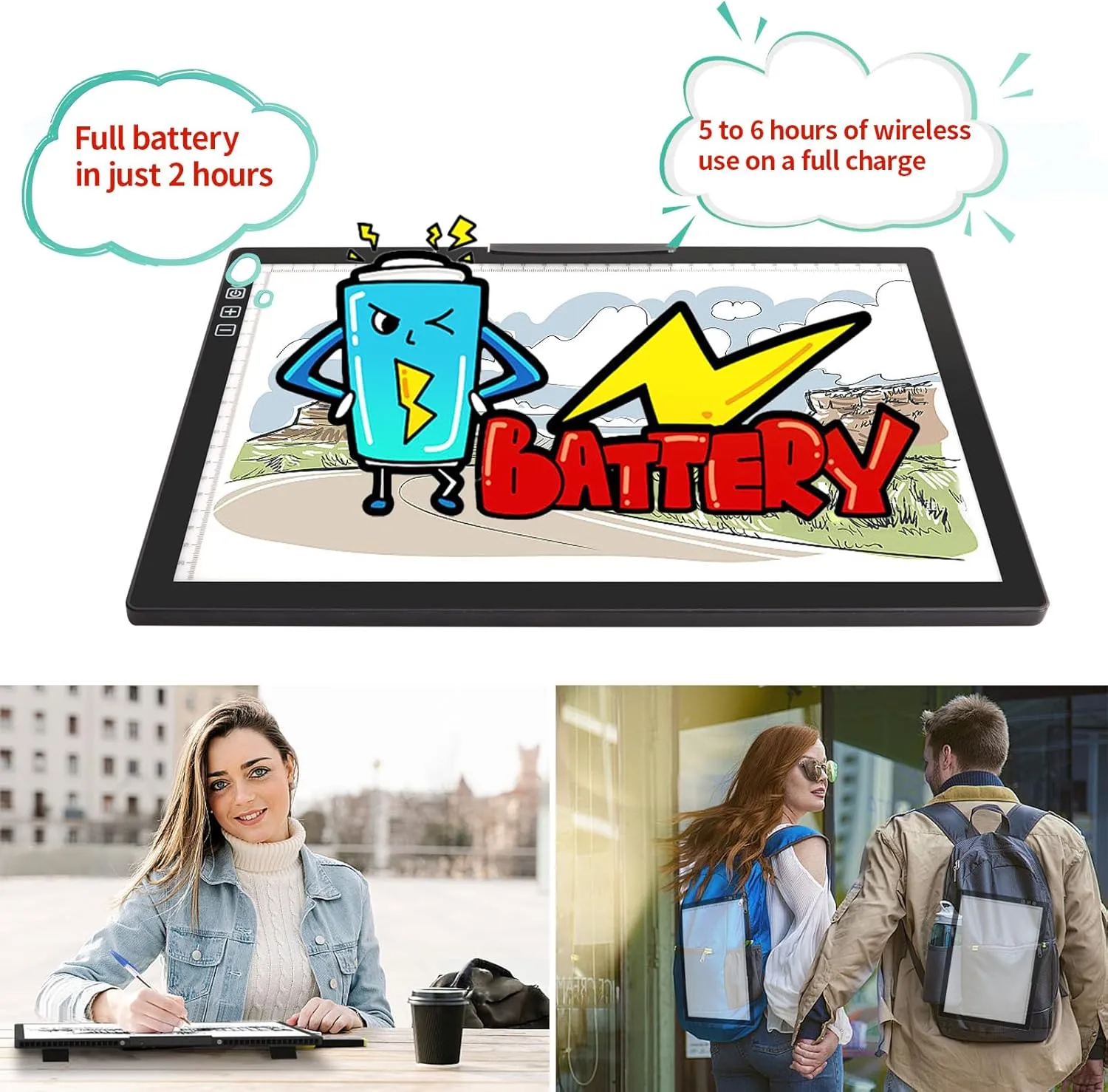 Rechargeable A4 Light Pad - Stepless Dimmable 6 Levels Brightness Tracing Light Box, Diamond Painting Light Board with Top Clip, Battery Powered Portable Light Pad for Weeding Vinyl Tracing