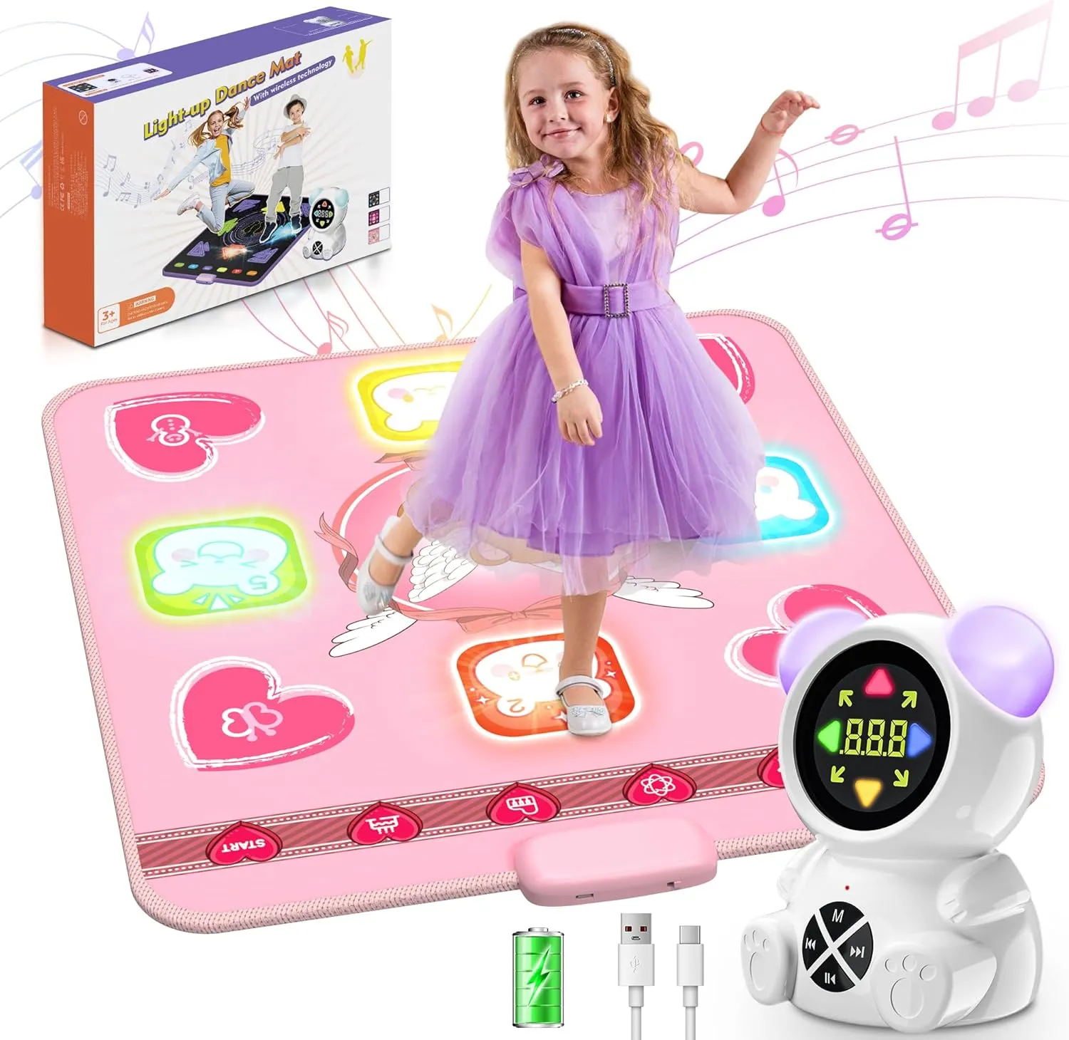 Rechargeable Dance Mat Toys for Girls, Light Up Dance Pad with Wireless Bluetooth, Xmas B-Day Gifts for 3 4 5 6 7 8 9 10 11 12 Years Old Kids (Pink)