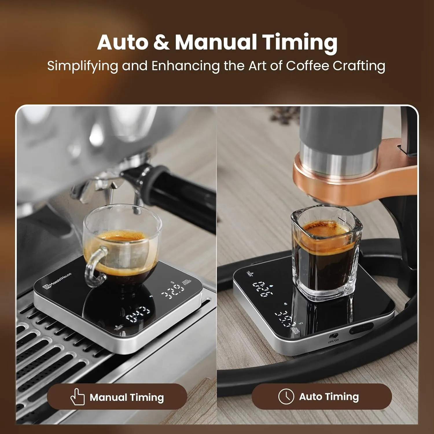 Rechargeable Mini Coffee Scale with Timer, Maestri House Espresso Scale, 2kg/0.1g Accurate Scale for Espresso and Pour-Over Coffee, Portable Digital Kitchen Scale with Automatic Timing（Black&Silver）