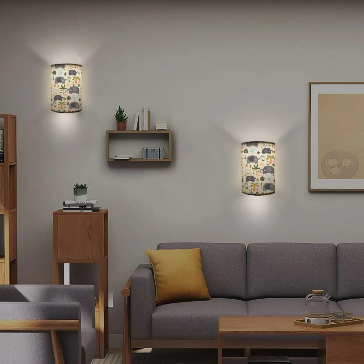 Rechargeable Sconces Set of Two Cute Elephant Seamless Pattern Jungle Elephants Adjustable Brightness Fabric Wall Lamps Wireless Lights Fixtures for Bedroom Living Room Hallway