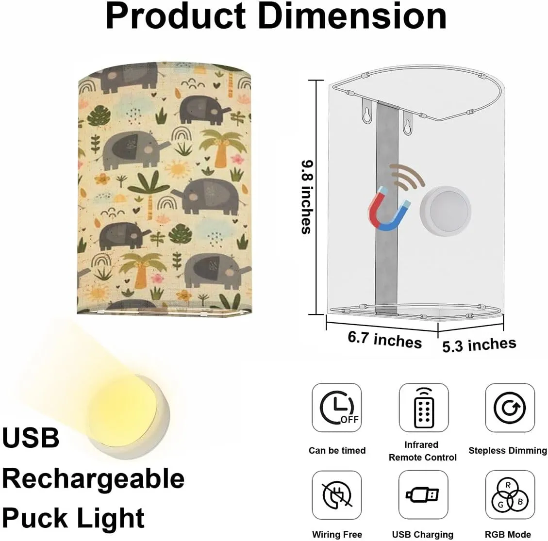 Rechargeable Sconces Set of Two Cute Elephant Seamless Pattern Jungle Elephants Adjustable Brightness Fabric Wall Lamps Wireless Lights Fixtures for Bedroom Living Room Hallway