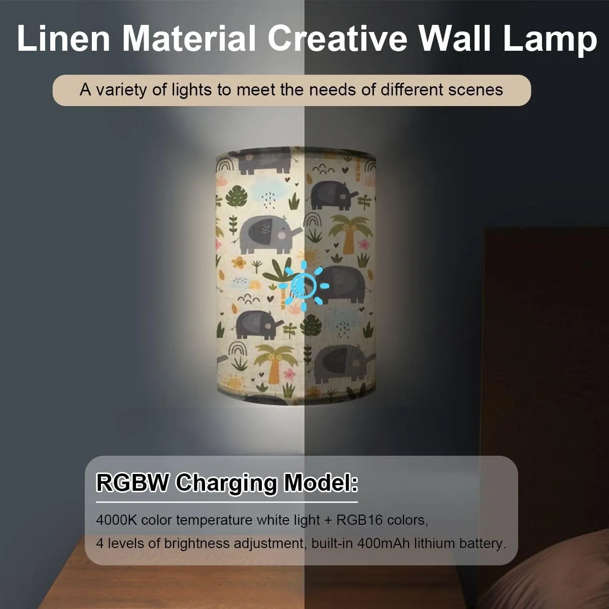 Rechargeable Sconces Set of Two Cute Elephant Seamless Pattern Jungle Elephants Adjustable Brightness Fabric Wall Lamps Wireless Lights Fixtures for Bedroom Living Room Hallway
