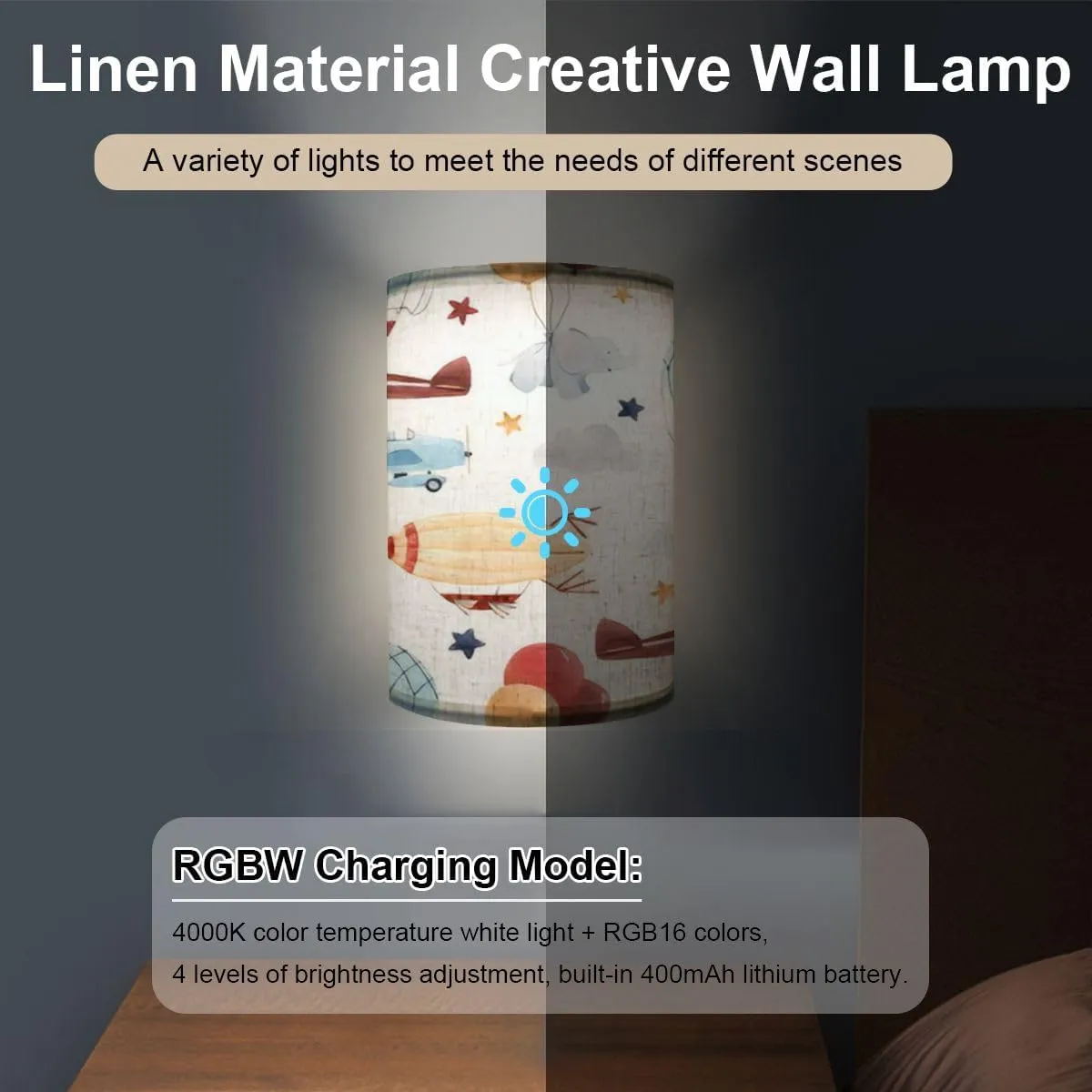 Rechargeable Sconces Set of Two Cute kids watercolor pattern for a boy aerostat dirigible airplanes Adjustable Brightness Fabric Wall Lamps Wireless Lights Fixtures for Bedroom Living Room Hallway